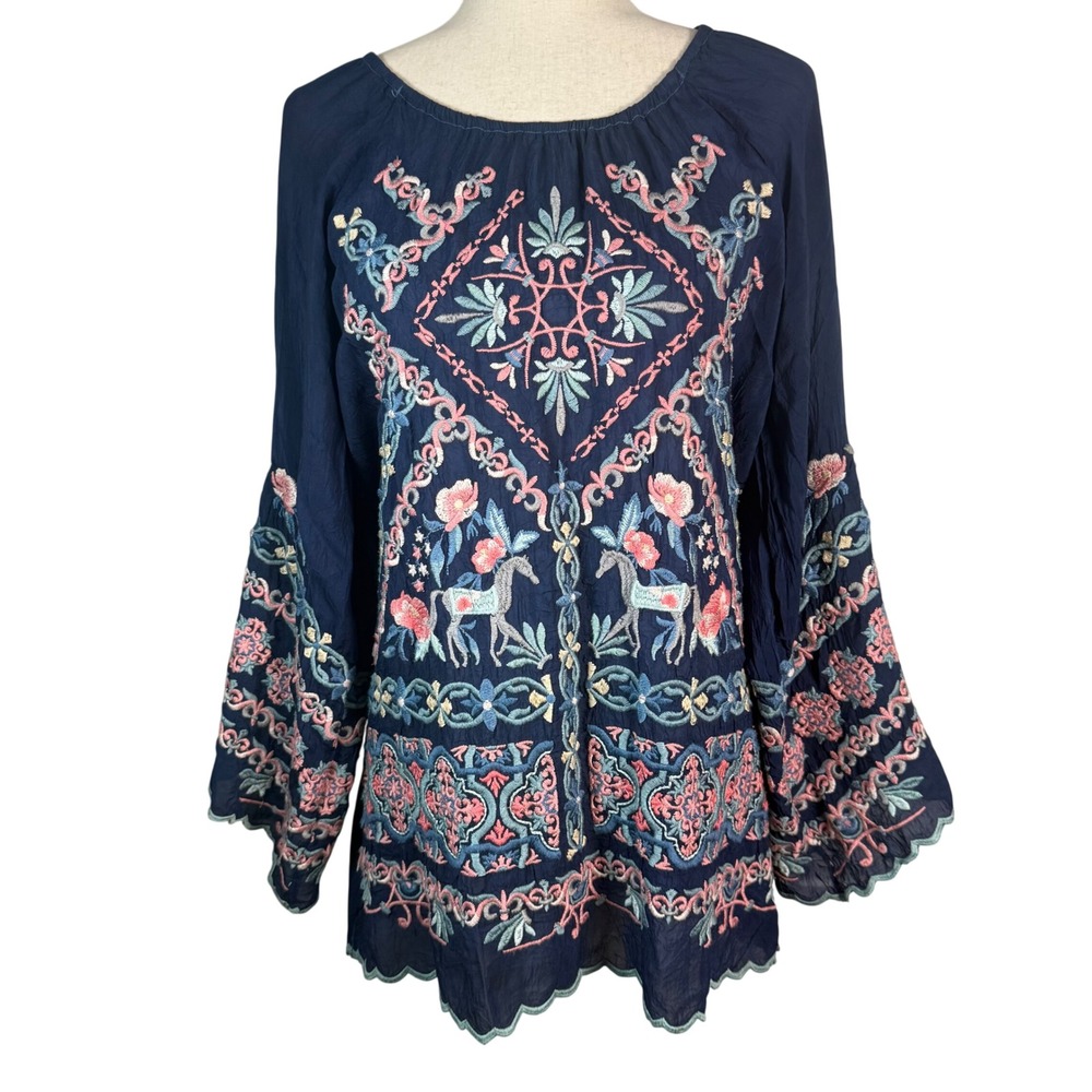 Johnny Was Lina Tunic Embroidered Small Navy Rayon Boho Horse Floral Top  Blouse